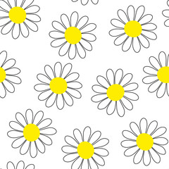 Camomile seamless vector pattern. White flowers with yellow centers isolated on white background. Flower ornament. Cute plant illustration for wallpaper, wrapping paper, clothing, prints, packaging