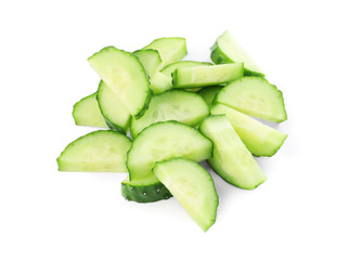 Green cut cucumber on white background