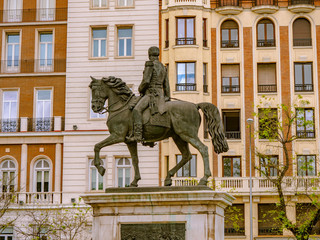 Madrid / Spain-04/19/20 monument, statue of espartero in calle de alcala de madrid during the covid pandemic 19 2020