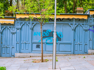 Madrid / Spain-04/19/20 Book stands of the Moyano slope in Madrid, completely empty during the 2020...