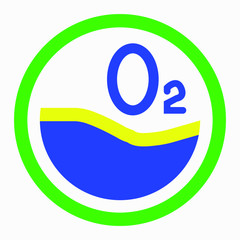 The oxygen formula is O2. Vector blue with green triangular symbol. Vector icon.