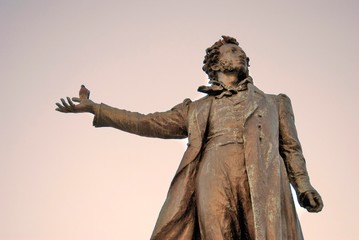 Statue of Alexander Pushkin, Russian poet and writer, in Saint-Petersburg, Russia. Color photo.