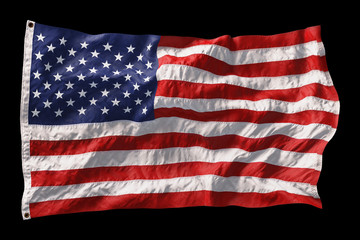 Fototapeta premium American flag waving in the wind isolated on black background. 3D
