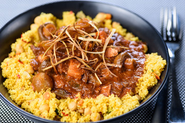 Beef Bourguignon, with Speck, Glazed Mushrooms and Chickpea Couscous. Top View