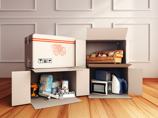 concept of delivery of goods for home repair goods furniture and household appliances in open boxes lying on the wooden floor in the room 3d render image