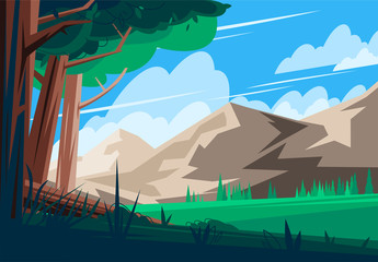 Vector illustration of a summer landscape with trees in the foreground and a mountain range in the background