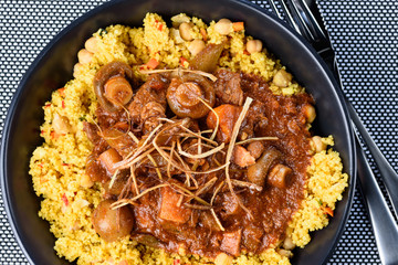 Beef Bourguignon, with Speck, Glazed Mushrooms and Chickpea Couscous. Top View