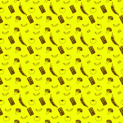 Seamless pattern of mood-boosting foods, vector illustration,  broccoli, banana, tomato, chocolate, cheese and chili pepper, hand drawing, yellow and brown colors