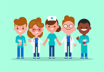 Team of doctors, nurse and medical workers holding hands together. Fighting Covid-19 Virus concept. Vector cartoon character illustration.