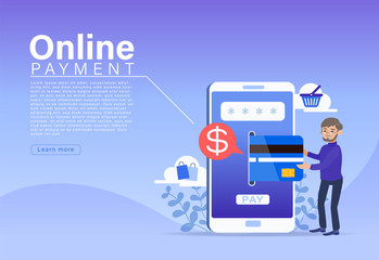 Online Payment concept, People character making payment with credit card on smartphone. Mobile shopping landing page. Flat design style illustration.