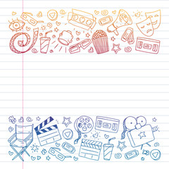 Coloring page. Online internet cinema pattern with vector icons for wrapping paper, posters, banners, leaflets. 3d movie, tv, musical.