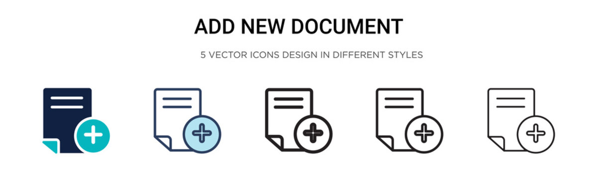 Add new document icon in filled, thin line, outline and stroke style. Vector illustration of two colored and black add new document vector icons designs can be used for mobile, ui, web