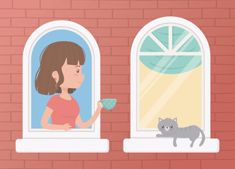 stay at home, woman with coffee cup and cat in the window