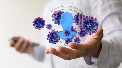 Hologram of coronavirus COVID-2019 on a blue futuristic background. Deadly type of virus 2019-nCoV. 3D models of coronavirus bacteria. Vectonic illustration in HUD style.