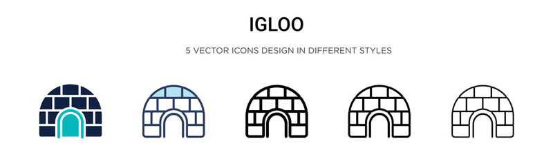 Igloo icon in filled, thin line, outline and stroke style. Vector illustration of two colored and black igloo vector icons designs can be used for mobile, ui, web - obrazy, fototapety, plakaty