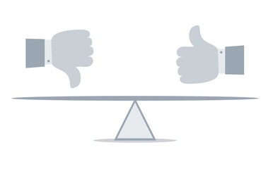 Thumbs up and thumbs down, like and dislike concept. Seesaw balance concept. Vector flat design illustration.