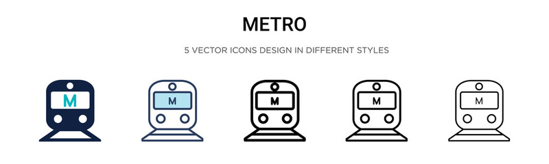 Metro icon in filled, thin line, outline and stroke style. Vector illustration of two colored and black metro vector icons designs can be used for mobile, ui, web - obrazy, fototapety, plakaty