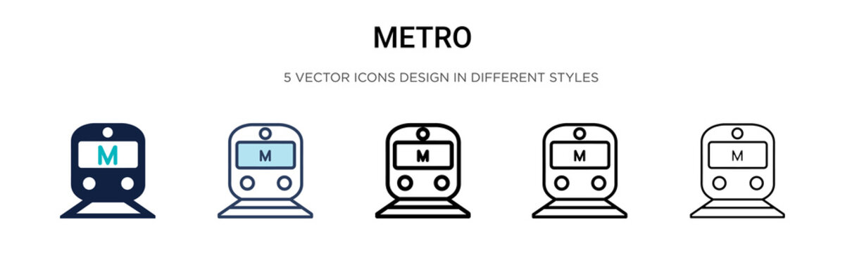 Metro icon in filled, thin line, outline and stroke style. Vector illustration of two colored and black metro vector icons designs can be used for mobile, ui, web
