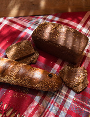 Gray bread with garlic on a tablecloth