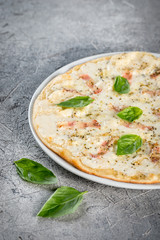 Pizza with cheese decorated with greens. Close-up shot