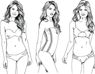 vector drawings on the theme of beautiful slim sporty girl in casual clothes in various poses painted ink hand sketch with no background