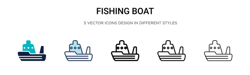 Fototapeta premium Fishing boat icon in filled, thin line, outline and stroke style. Vector illustration of two colored and black fishing boat vector icons designs can be used for mobile, ui, web