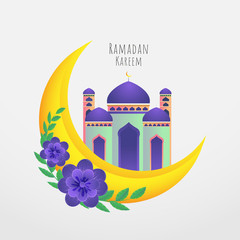 Golden crescent moon, purple flowers and beautiful mosque concept for Holy month of Ramadan Kareem.