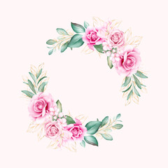 Round watercolor floral wreath. Botanic decoration illustration of peach roses and blue flowers, leaves, branches. Botanic elements for wedding or greeting card design vector