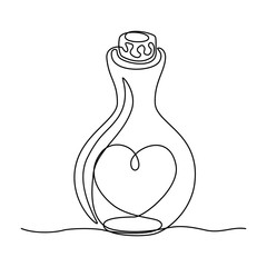 Continuous line drawing. Bottle with a heart inside. Template for love cards and invitations. Isolated on white background. Hand drawn vector illustration. 