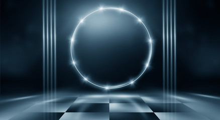 Dark empty abstract scene, rays of searchlights, neon blue light, highlights and lights. Night view of the scene, a tunnel with illumination. Dark background with spotlights.