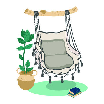 Vector illustration of a cozy interior with a hammock chair. Privacy, a place to relax and read.