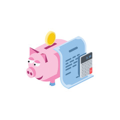 Investment Piggy Bank Saving document calculator. Vector 3d isometric, color web icon, new flat style. Creative illustration design, isolated graphic idea for infographics.