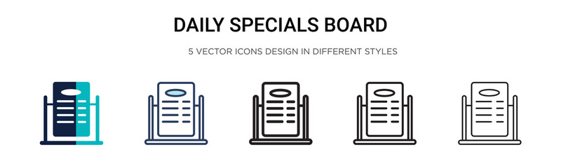 Daily specials board icon in filled, thin line, outline and stroke style. Vector illustration of two colored and black daily specials board vector icons designs can be used for mobile, ui, web