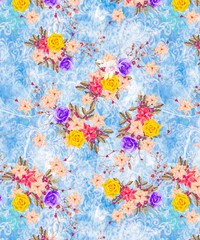 Fototapeta na wymiar Illustration with seamless pattern floral design. Beautiful seamless pattern on colored background with tropical flowers and plants. Composition with flowers and leaves. Stylish print for textile.