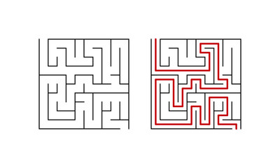 Labyrinth maze game for children home activity. Simple puzzle with solution. Vector illustration.