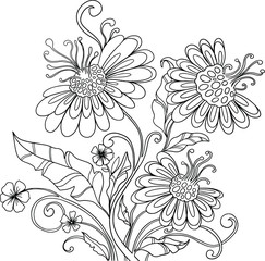 Decorative folk flowers pattern. Hand drawn vector leaves and flowers. Coloring book for children and adults. Isolated on white background. Dood and Zen, meditation, relaxation. Outline. Line art.