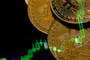 Double exposure rows of coins with financial graph and column diagram, Finance and investment concept