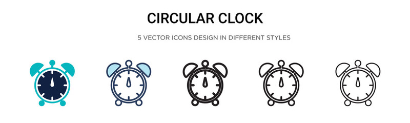 Circular clock icon in filled, thin line, outline and stroke style. Vector illustration of two colored and black circular clock vector icons designs can be used for mobile, ui, web