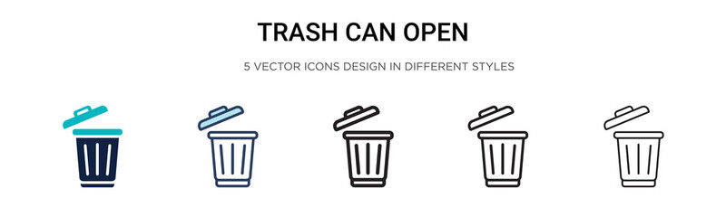 Trash can open icon in filled, thin line, outline and stroke style. Vector illustration of two colored and black trash can open vector icons designs can be used for mobile, ui, web