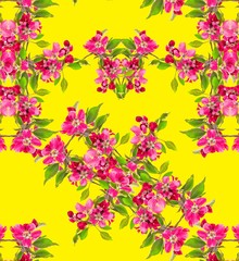Illustration with seamless pattern floral design. Beautiful seamless pattern on colored background with tropical flowers and plants. Composition with flowers and leaves. Stylish print for textile.