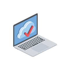 Laptop cloud check mark. Vector 3d isometric, color web icon, new flat style. Creative illustration design, isolated graphic idea for infographics.