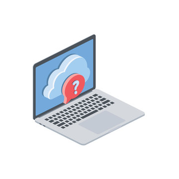 Laptop cloud faq help question mark. Vector 3d isometric, color web icon, new flat style. Creative illustration design, isolated graphic idea for infographics.