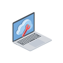 Laptop cloud technical repair service. Vector 3d isometric, color web icon, new flat style. Creative illustration design, isolated graphic idea for infographics.