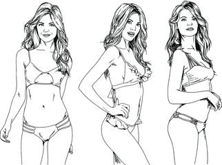 vector drawings on the theme of beautiful slim sporty girl in casual clothes in various poses painted ink hand sketch with no background