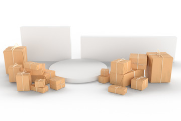 Brown parcel box and white podium stage display composition 3d render illustration.