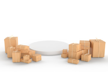 Brown parcel box and white podium stage display composition 3d render illustration.