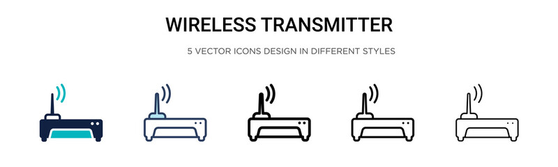 Wireless transmitter icon in filled, thin line, outline and stroke style. Vector illustration of two colored and black wireless transmitter vector icons designs can be used for mobile, ui, web