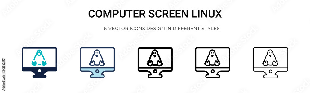 Poster computer screen linux icon in filled, thin line, outline and stroke style. vector illustration of tw
