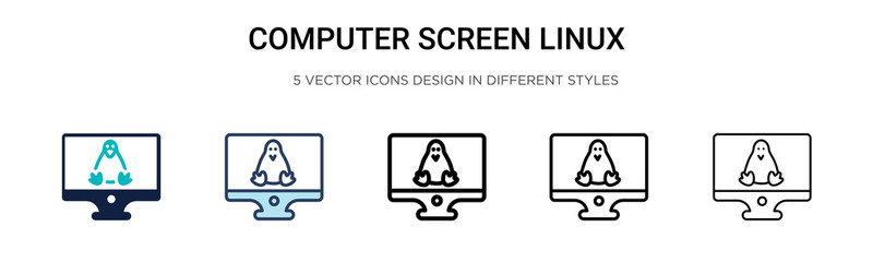 Computer screen linux icon in filled, thin line, outline and stroke style. Vector illustration of two colored and black computer screen linux vector icons designs can be used for mobile, ui, web - obrazy, fototapety, plakaty