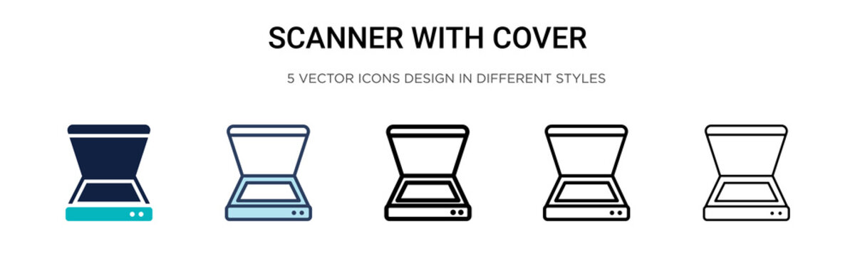 Scanner with cover icon in filled, thin line, outline and stroke style. Vector illustration of two colored and black scanner with cover vector icons designs can be used for mobile, ui, web